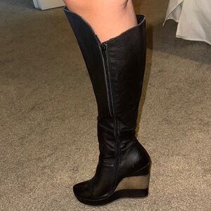 Knee high leather wedge boots